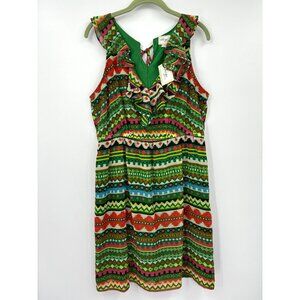 Beige By Eci Dress Green Print Chiffon V-Neck Ruffle Back Tie Size 14 NEW